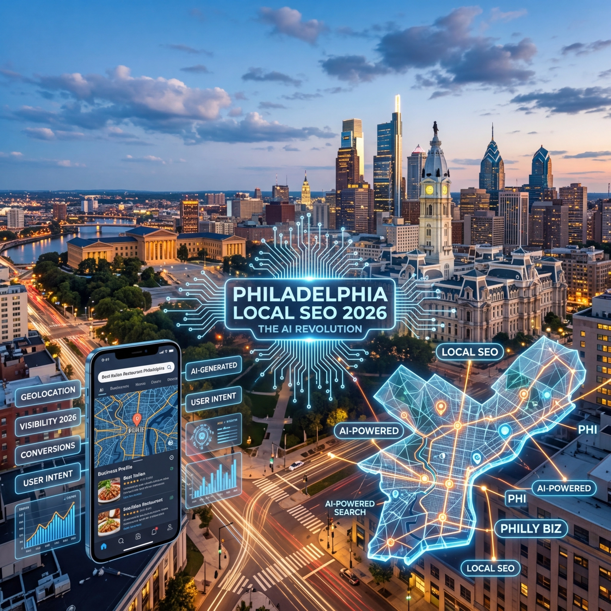 Philadelphia skyline highlighting AI local SEO 2026.