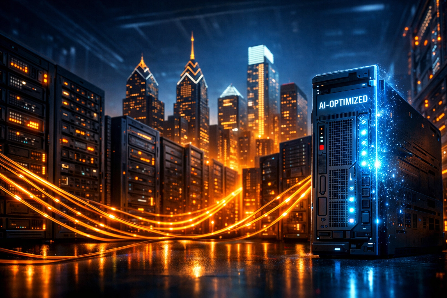 AI-optimized server racks mimicking the Philadelphia skyline for high-speed local business web hosting services.