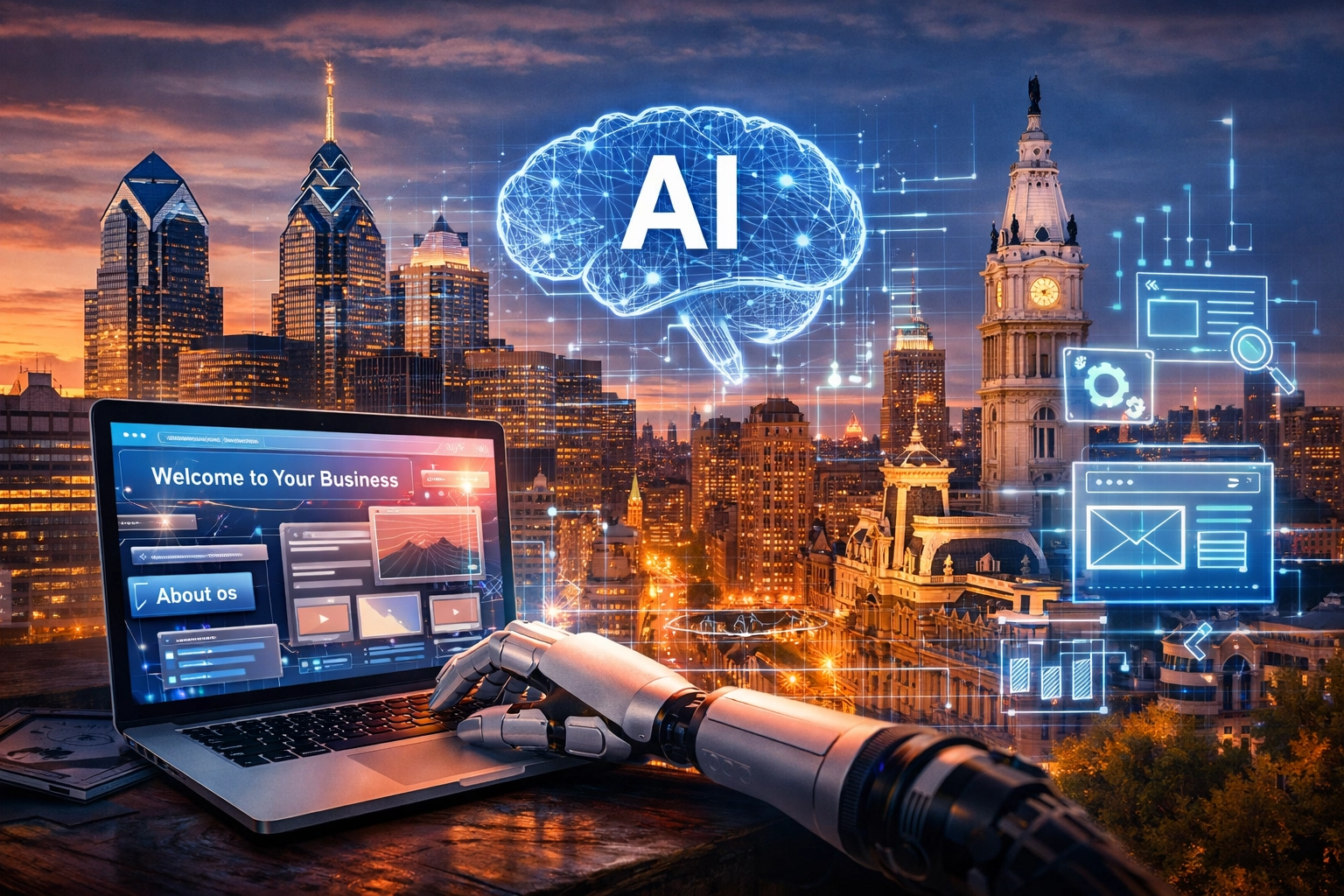 Robot using laptop with AI in city skyline