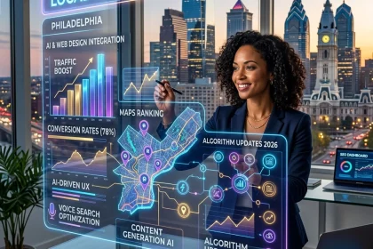 Professional analyzing futuristic local SEO data dashboard