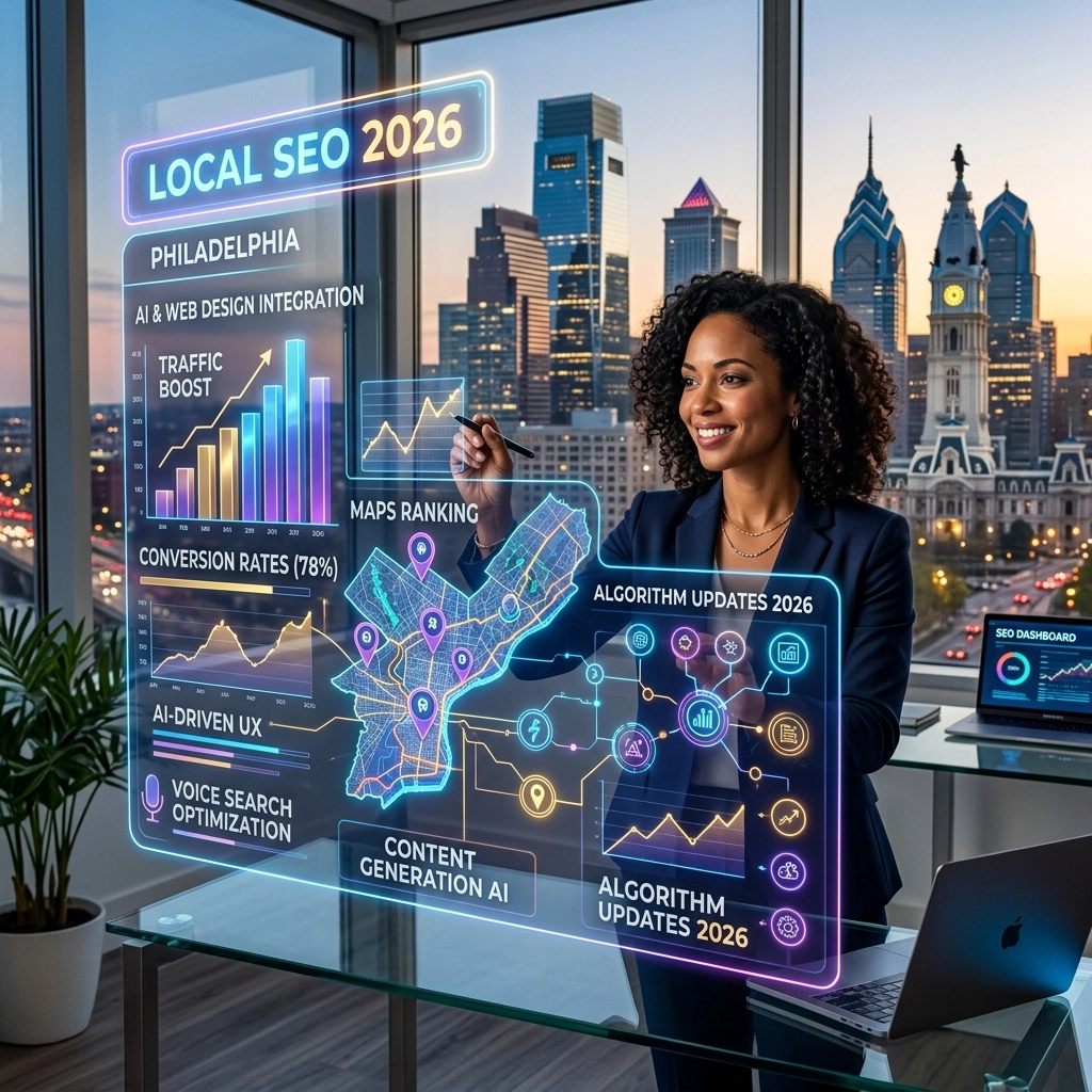 Professional analyzing futuristic local SEO data dashboard