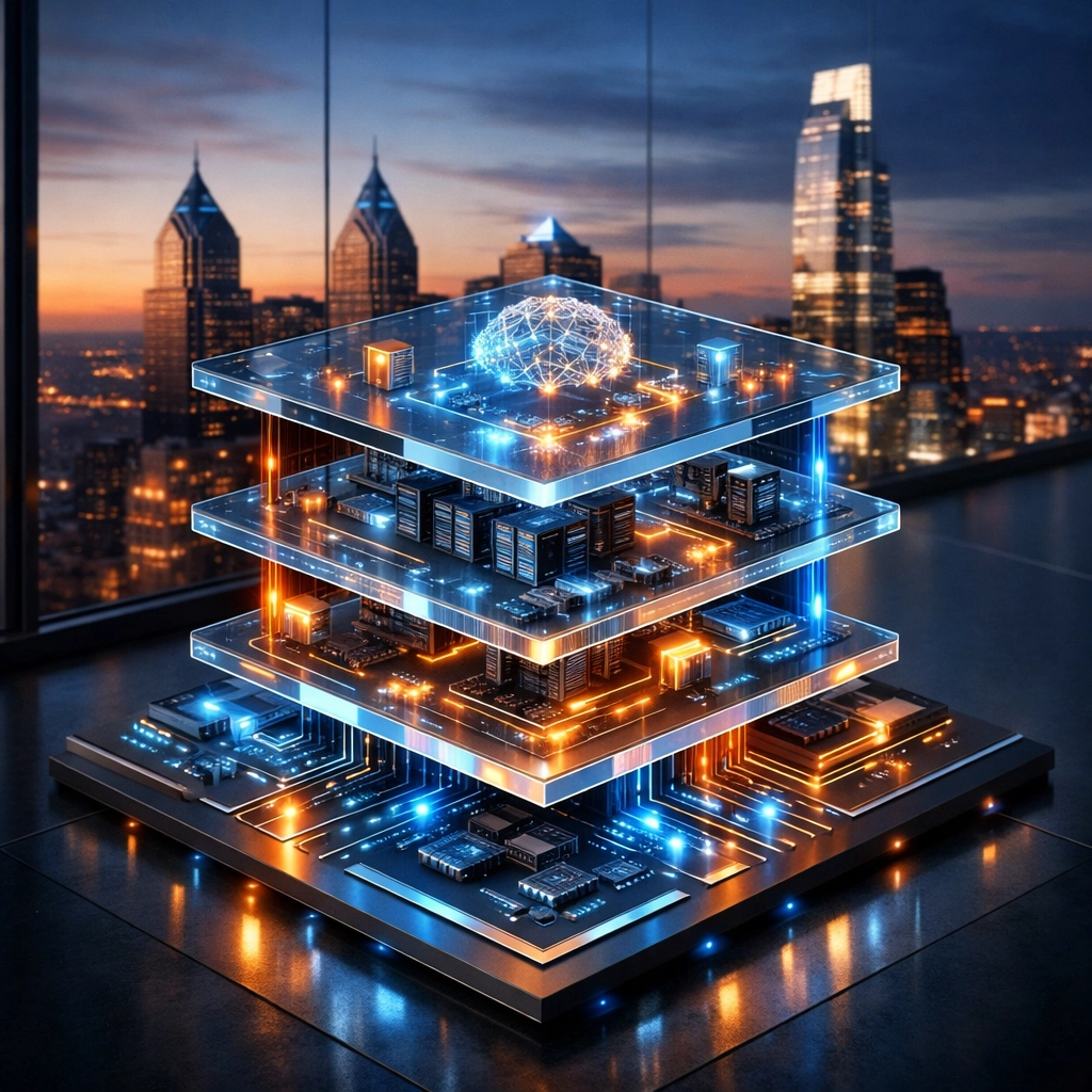 Modern website infrastructure stack with AI integration layers over a Philadelphia city backdrop.