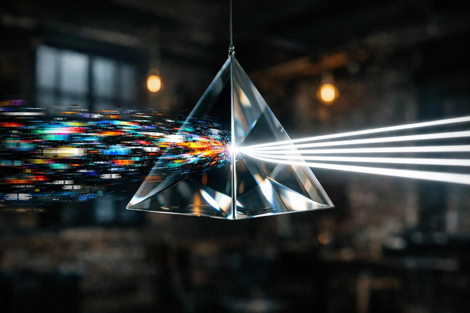 Visual metaphor of messy data turning into clean light beams for Philadelphia business CRM systems.
