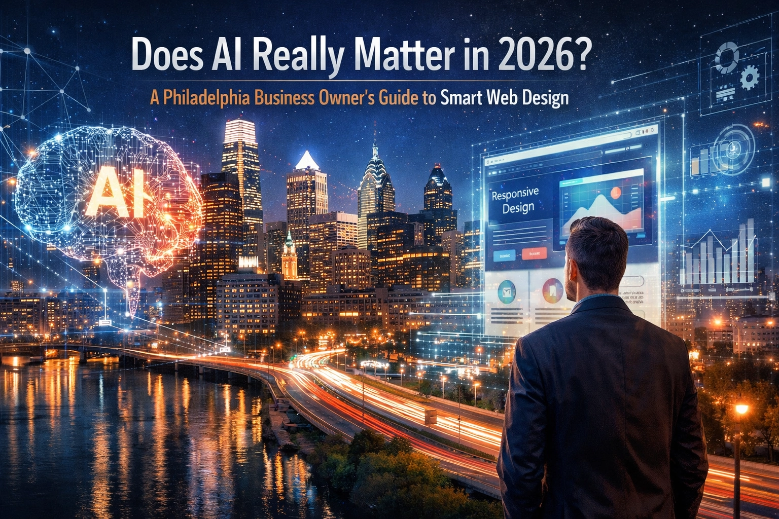 AI and web design in Philadelphia cityscape