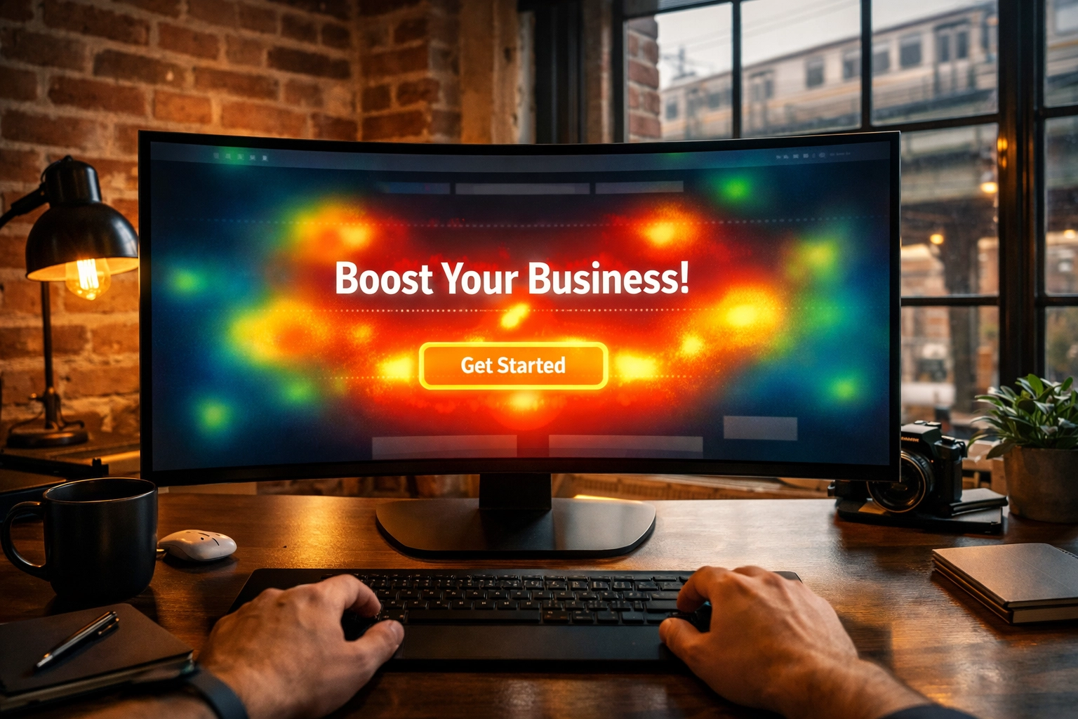 Heatmap visualization on a computer screen demonstrating website visual hierarchy.