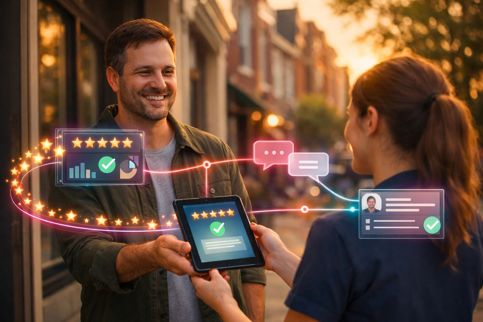 Customer review workflow outside a Philadelphia business, showing automated follow-ups and reputation growth