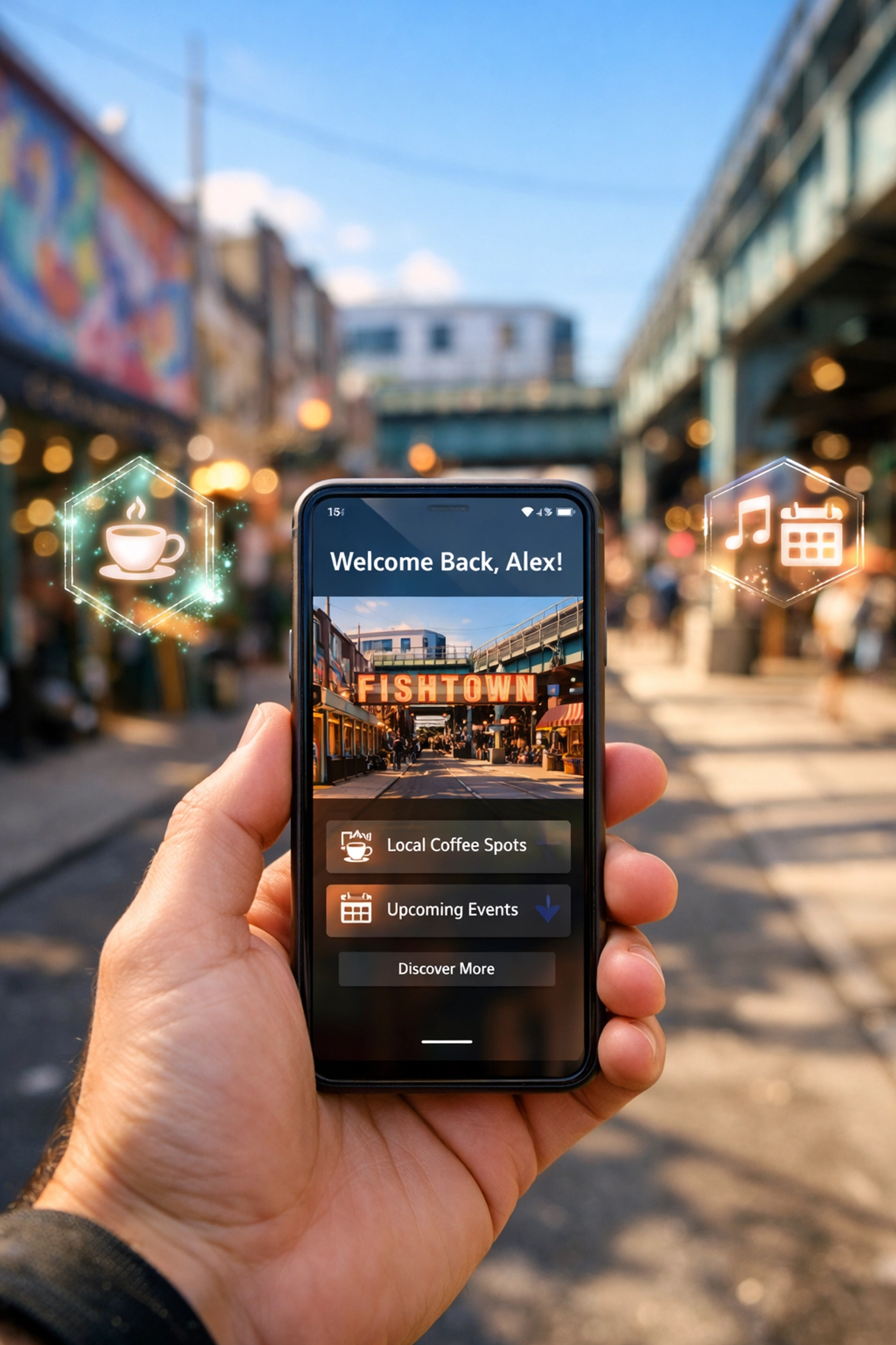 Smartphone showing a personalized website interface and AI-driven recommendations on a Philadelphia street.