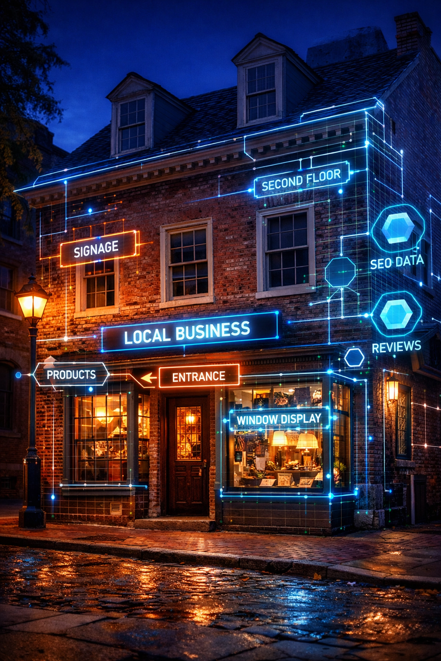 Digital SEO data nodes overlaid on a historic Old City Philadelphia storefront illustrating AI-driven search visibility.