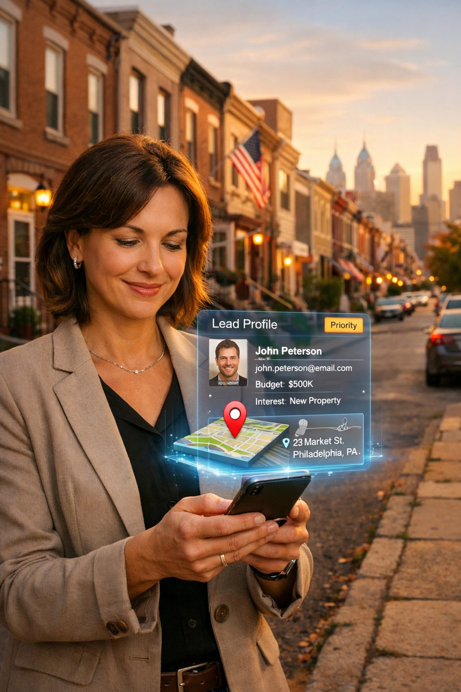Local business owner reviewing categorized website lead data on a smartphone in South Philadelphia.