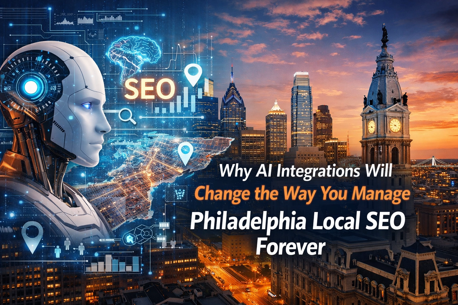 AI robot with Philadelphia skyline and SEO graphics