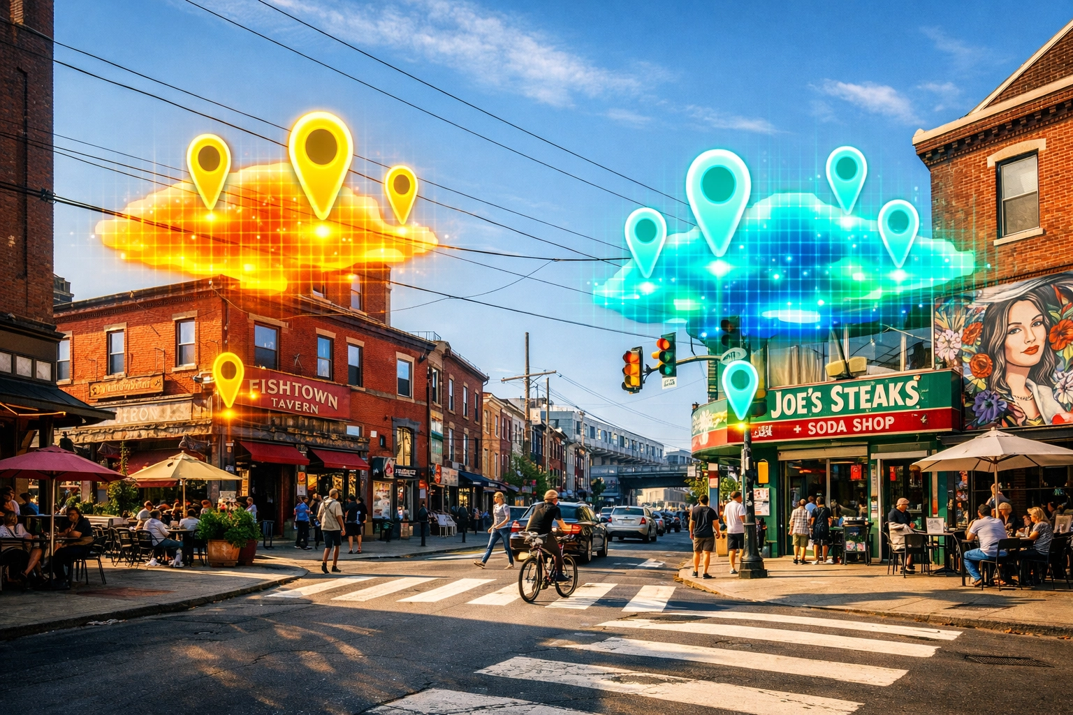 Digital heat maps and location pins over a Fishtown Philadelphia street representing local search intent.