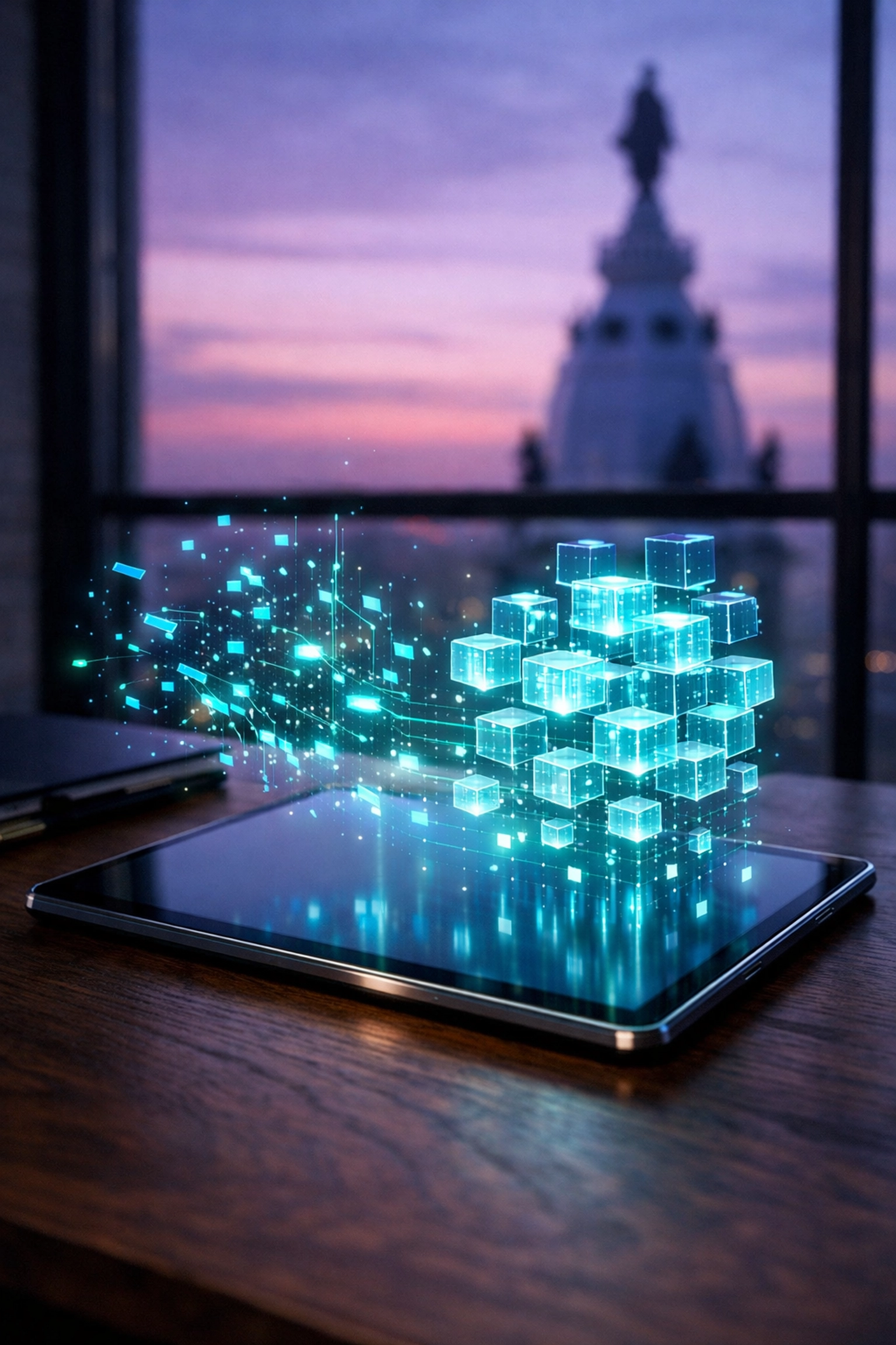 A tablet displaying an AI intake form processing leads into structured data in a Center City Philadelphia office.