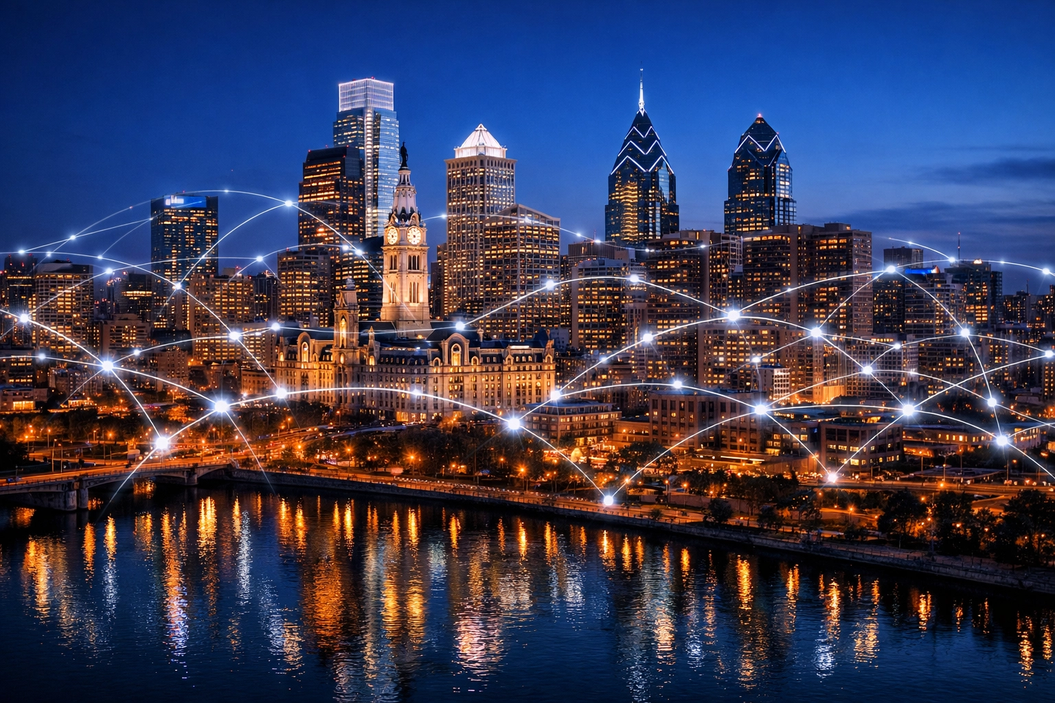A digital neural network overlaying the Philadelphia skyline symbolizing local SEO and AI web design integration.
