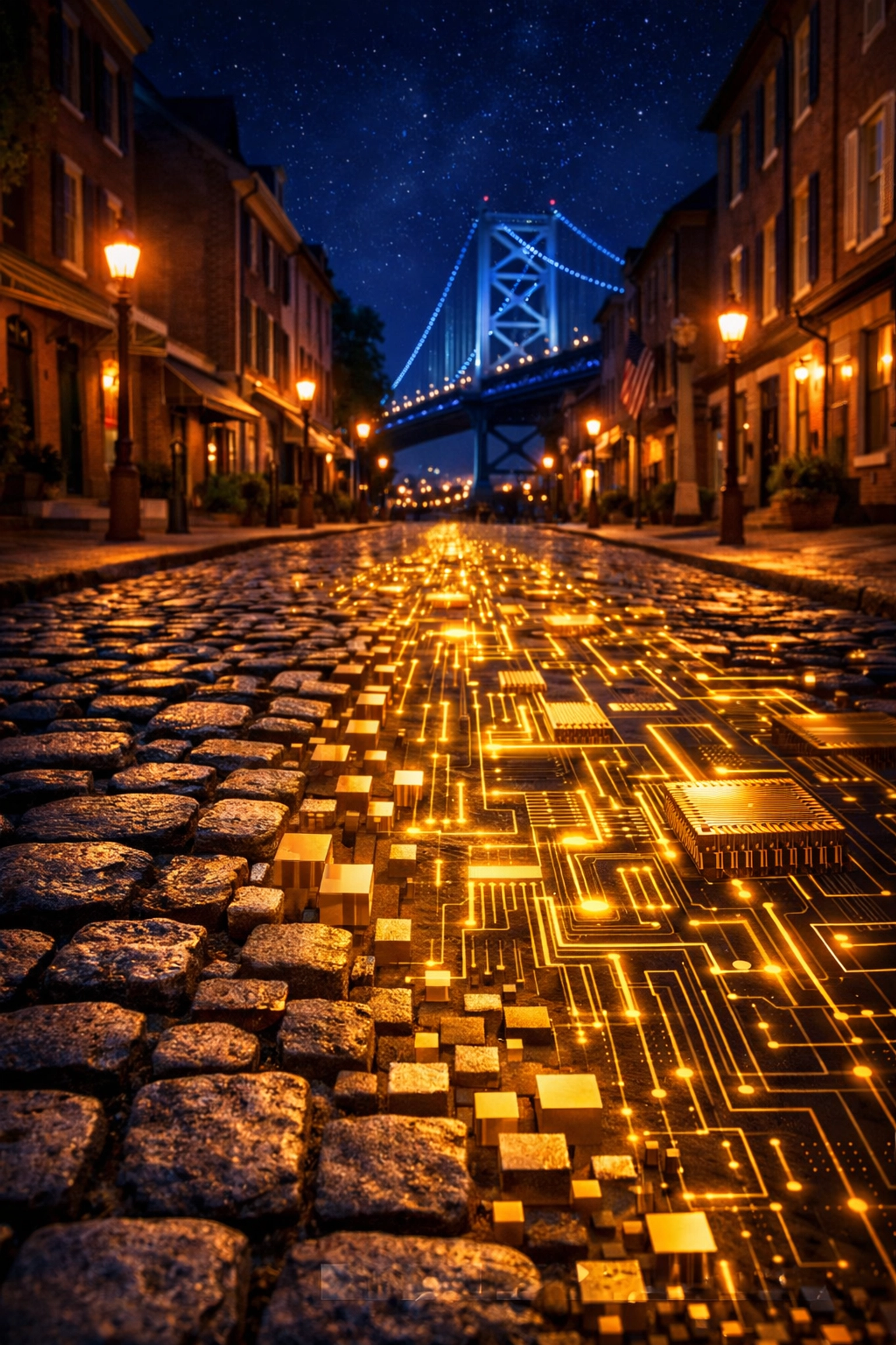 Old City Philadelphia street transforming into digital pathway, symbolizing AI-driven growth in 2026
