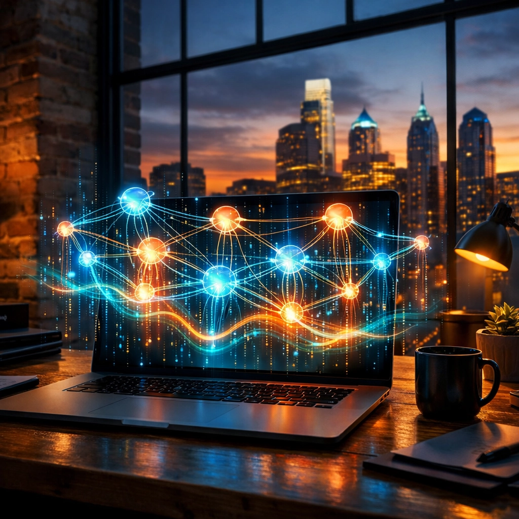 Custom web design with AI data overlays in a Philadelphia office overlooking the city skyline.