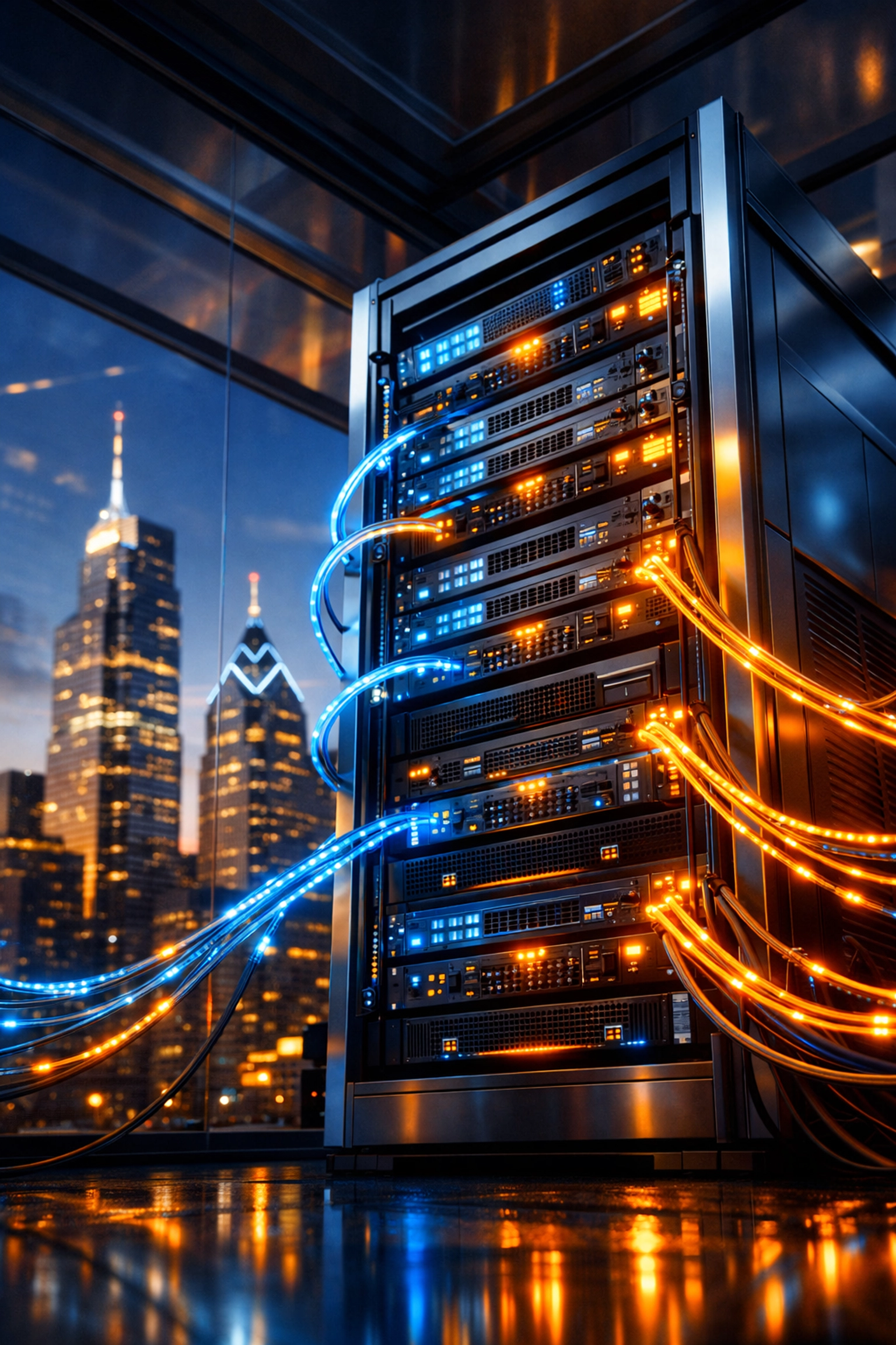 High-speed AI web hosting in a Philadelphia data center with skyline views at dusk