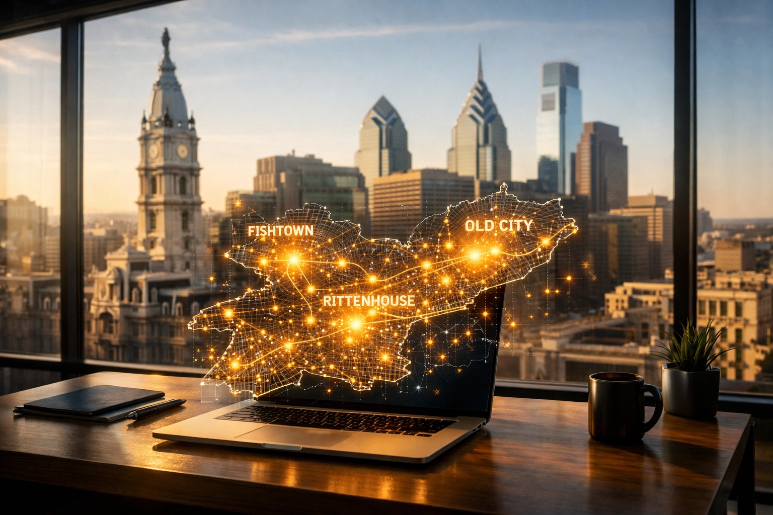 Digital map of Philadelphia neighborhoods showing local SEO strategy on a laptop.