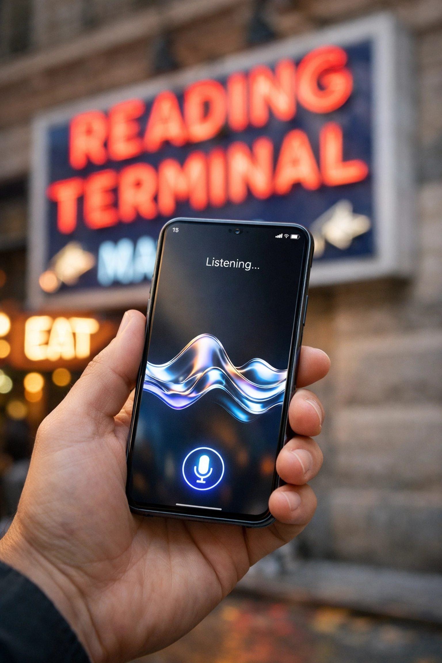 AI customer service chat on a smartphone screen with the Philadelphia Reading Terminal Market in the background.