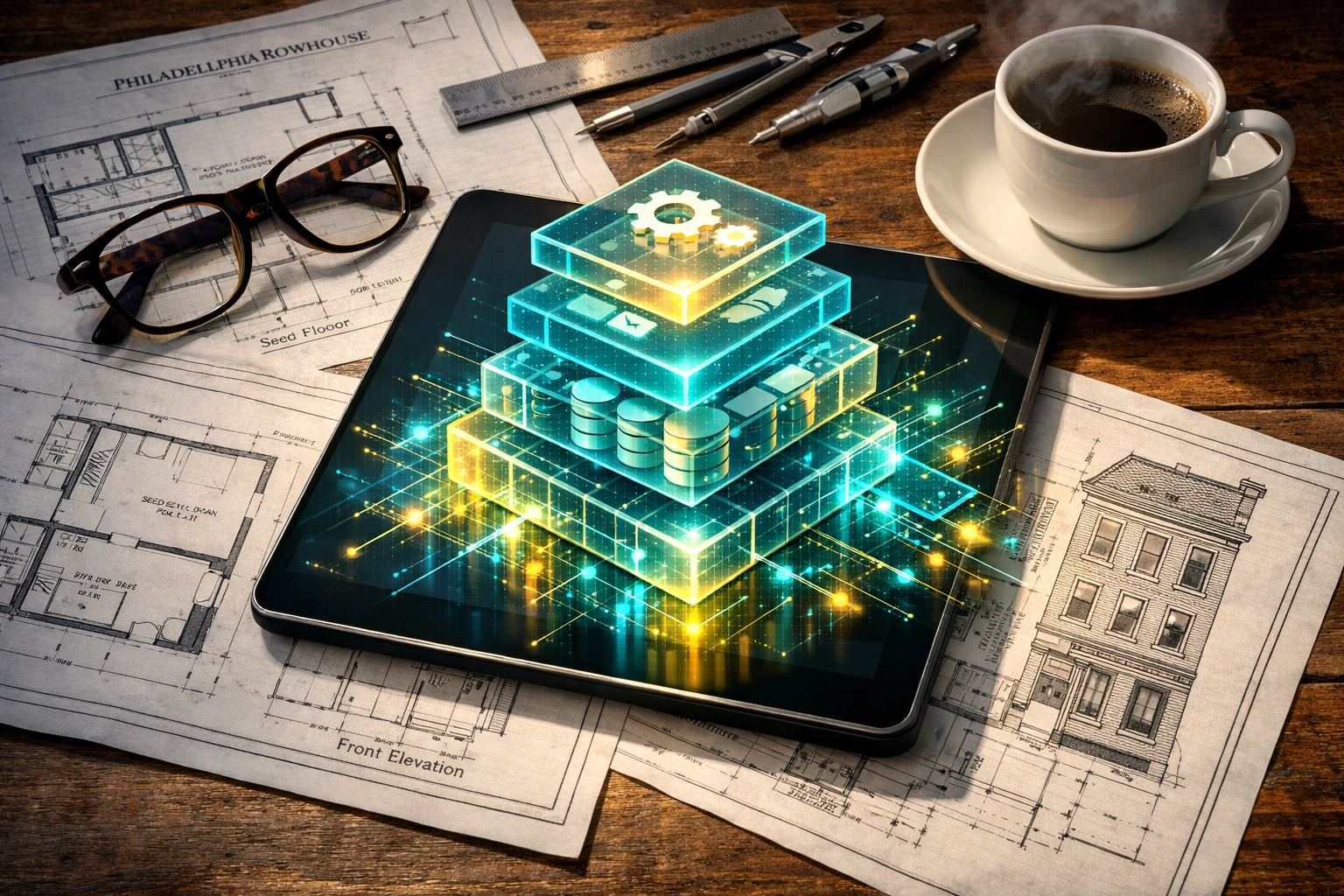 Digital software stack visualization and blueprints for a high-performance Philly website.
