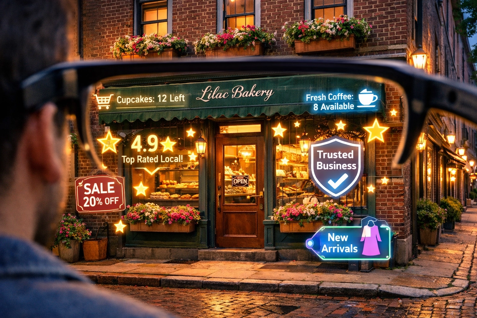 AR view of a Philadelphia storefront showing digital trust signals and AI-driven local business data.