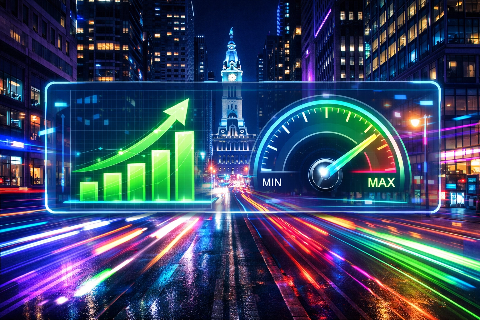 Growth chart and performance metrics over a busy Philadelphia street showing local SEO success.