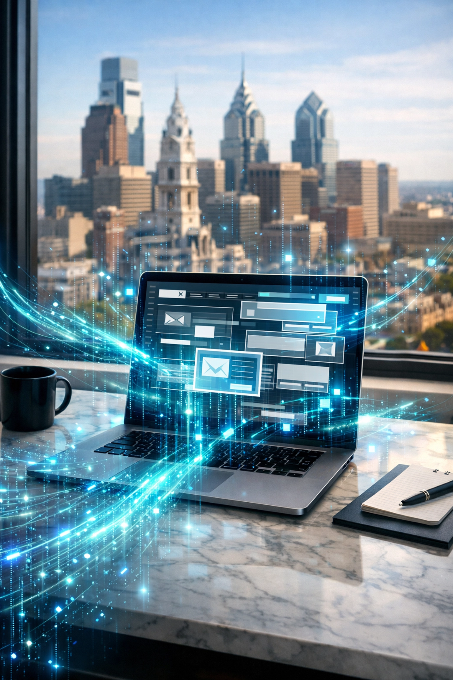 Laptop in a Philadelphia office showing CRM-driven website personalization with data overlays.