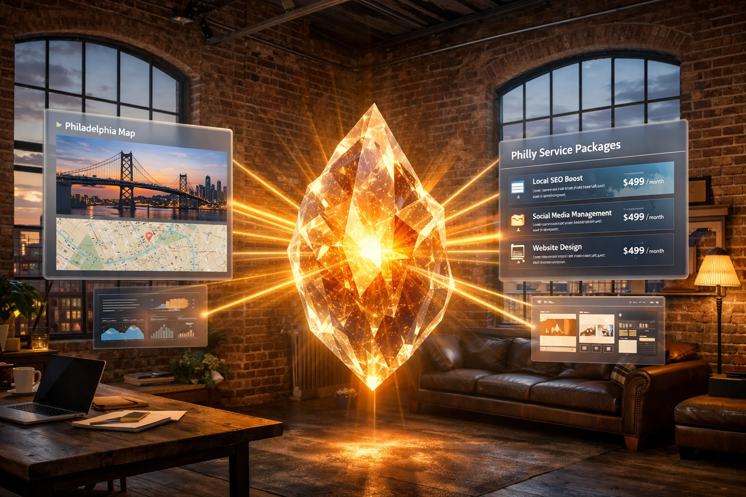 Centralized data hub displaying personalized web content and Philadelphia maps in a modern loft.