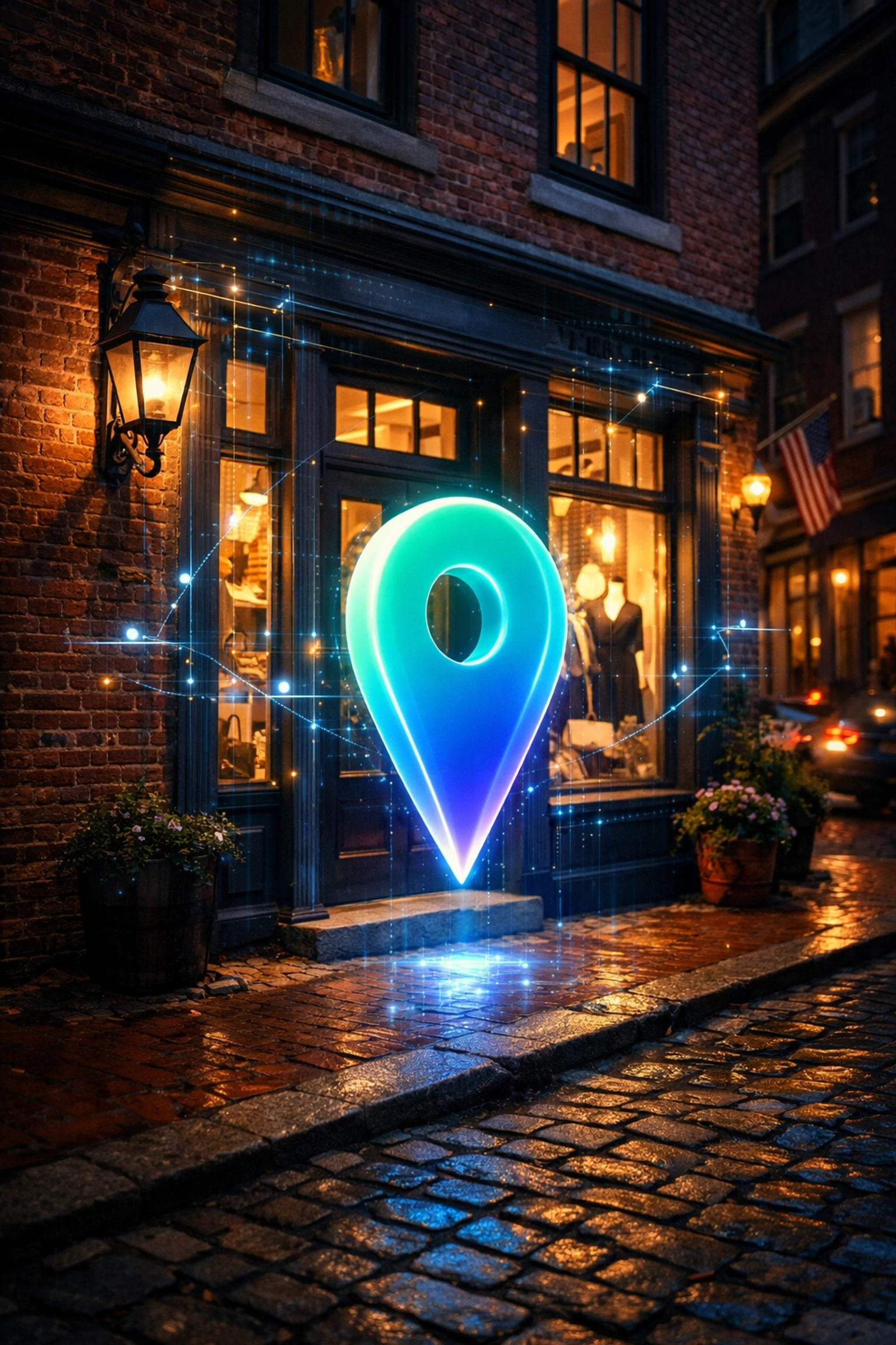 Digital map pin over a Philadelphia storefront illustrating Google Map Pack visibility for local businesses.