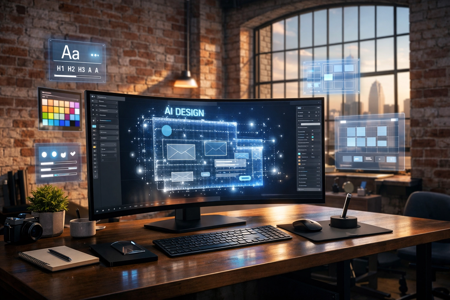 Modern Philadelphia web design workstation with AI-powered website development tools and holographic UI elements.