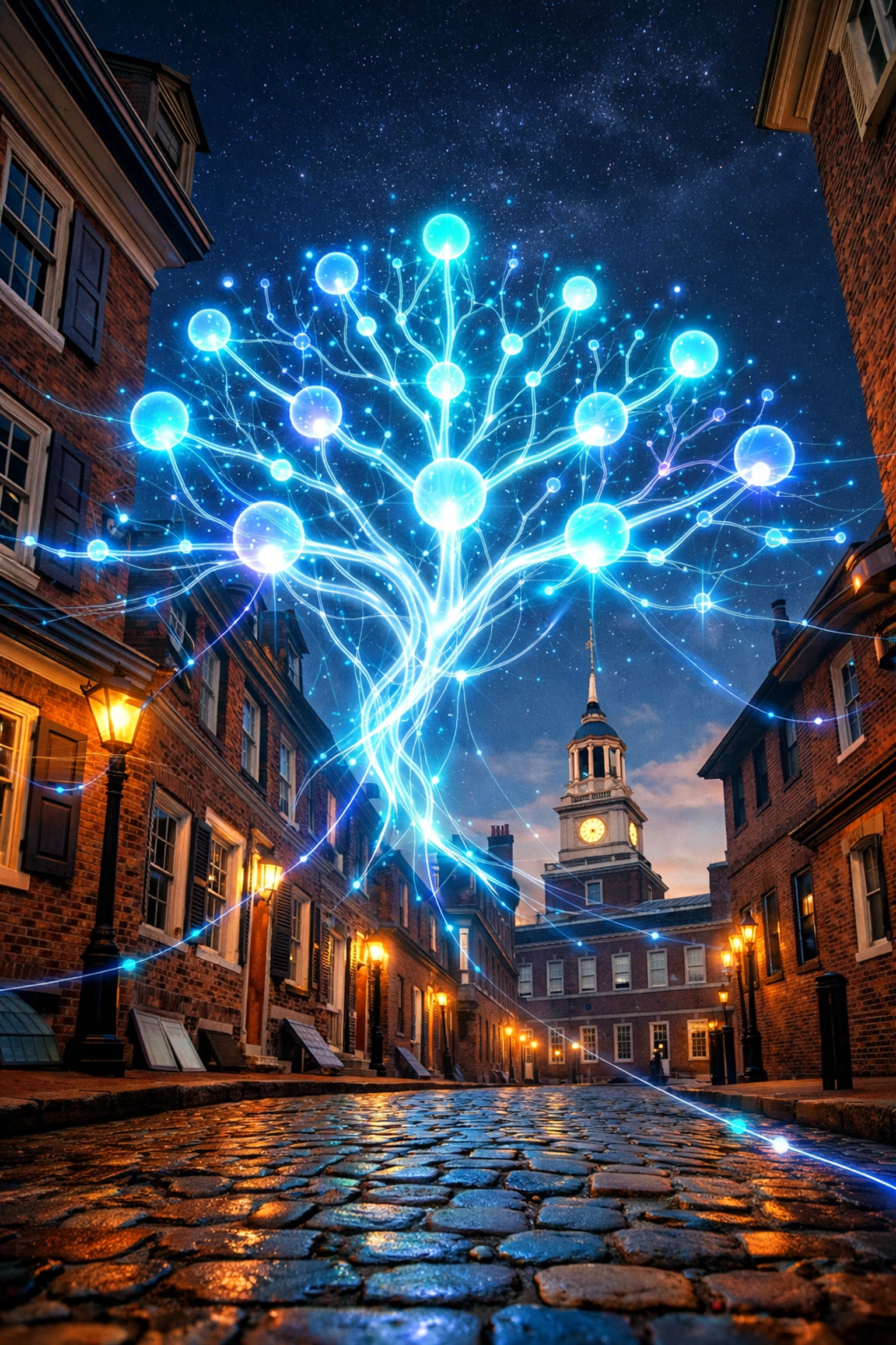 AI neural network over Old City Philadelphia symbolizing intelligent web development and lead routing.