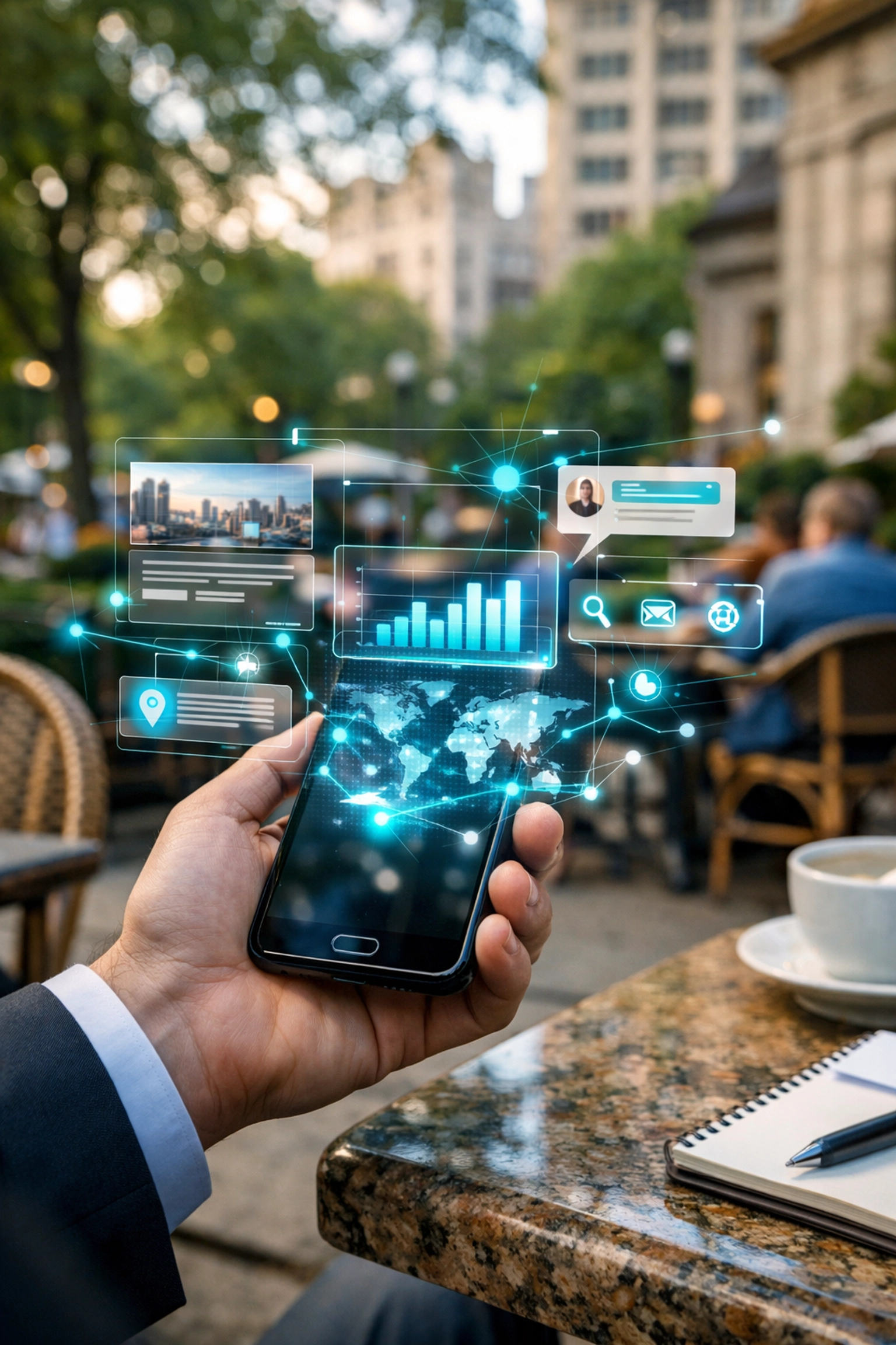Professional using AI-integrated mobile web design tools in a Philadelphia Rittenhouse Square cafe setting.