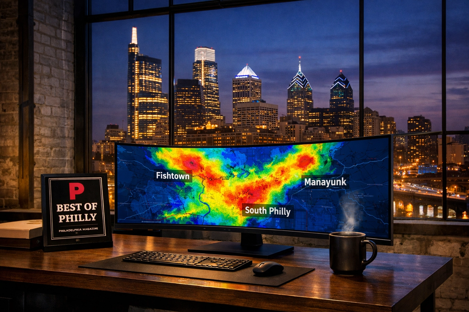 Digital dashboard showing a Philadelphia neighborhood SEO heat map for small business growth.