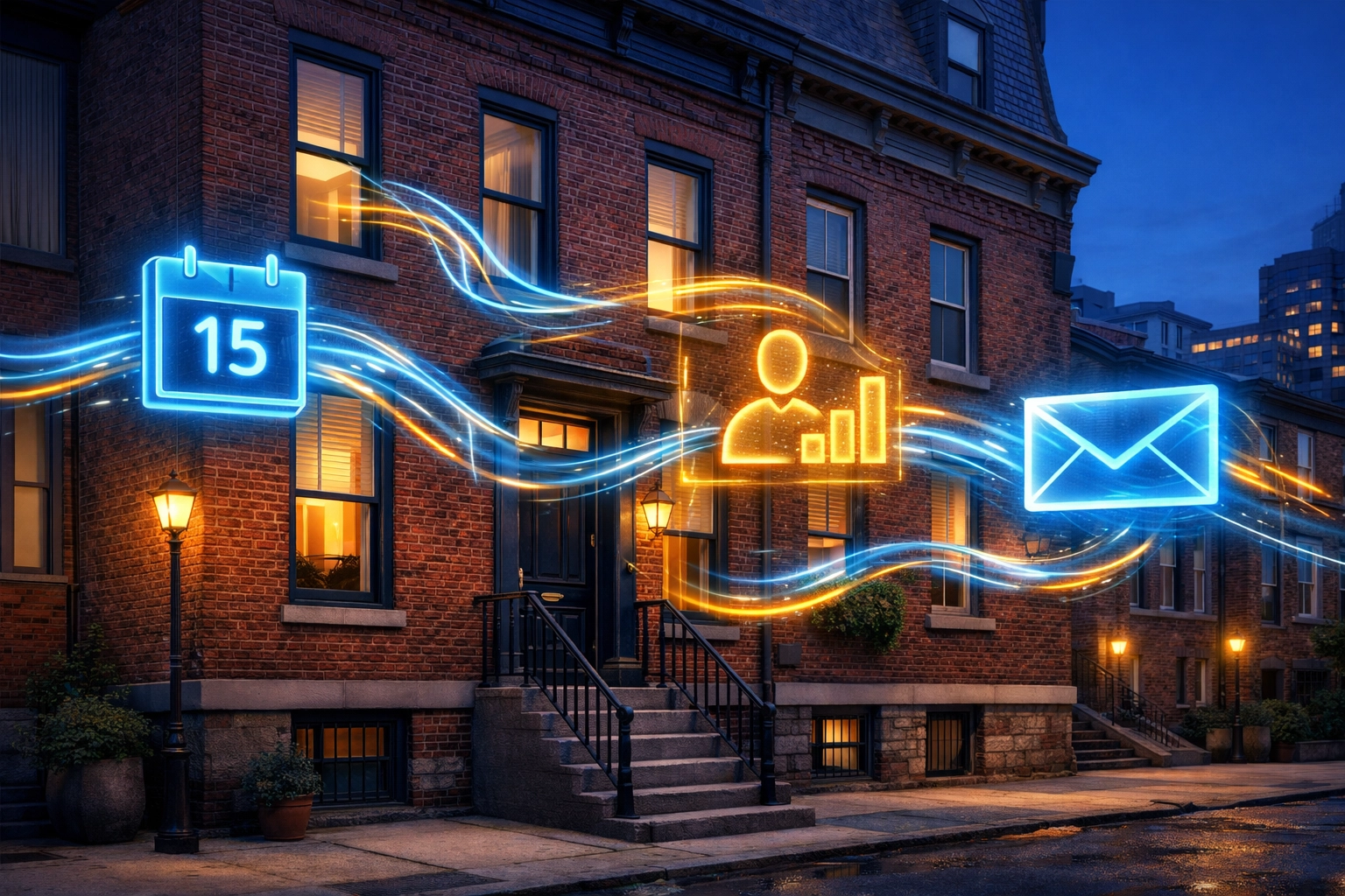 Digital data streams connecting a Philadelphia business website to a CRM and automated tools via API.