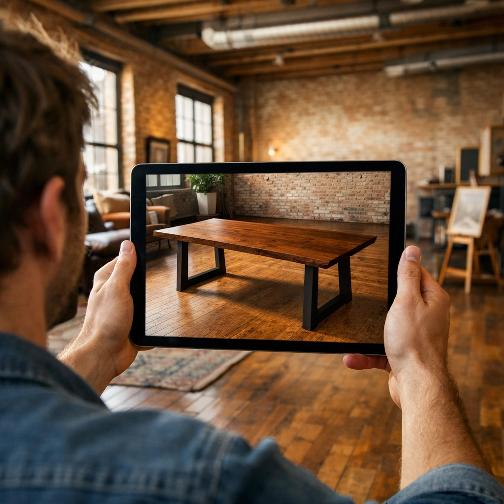 A customer in a Fishtown loft using AR web design to preview a custom table in their room via a tablet.