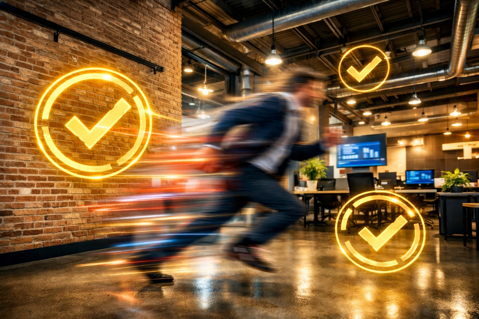 Business professional in a Philadelphia workspace with digital icons showing high-speed AI automation.