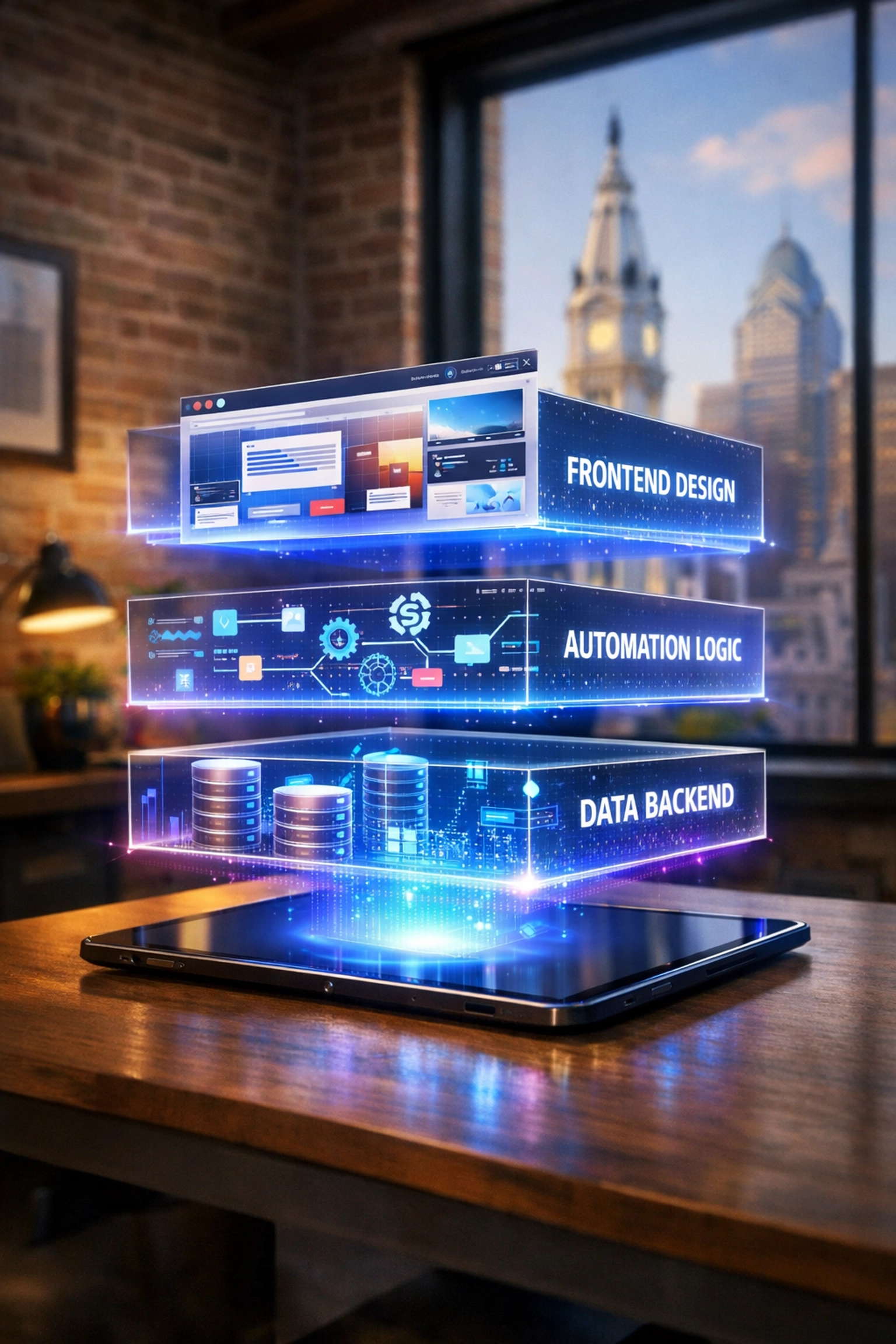 Holographic layers of a 2026 website stack representing custom web design for Philadelphia small businesses.