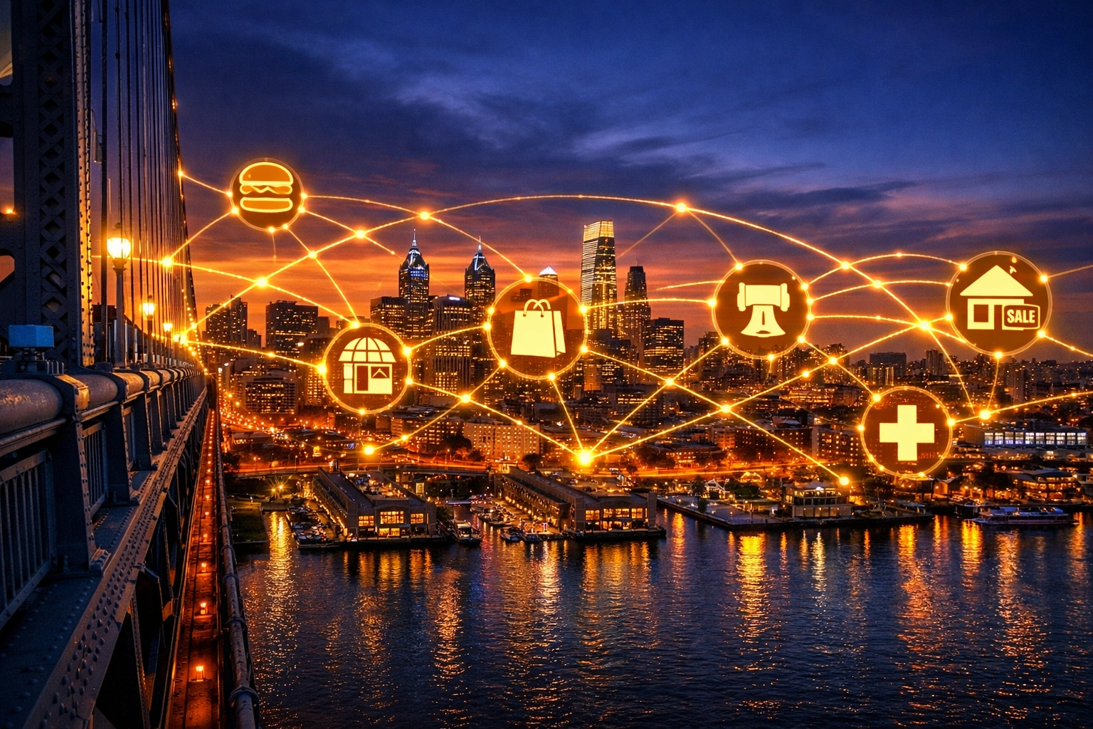 Philadelphia skyline at night with an interconnected network of local business SEO signals.