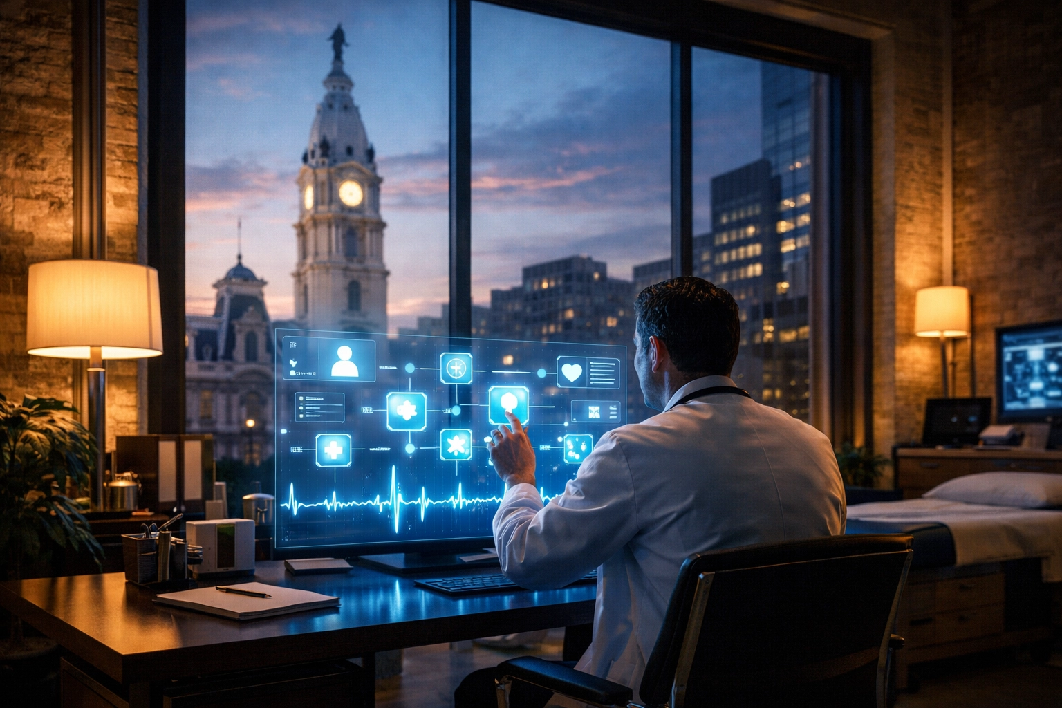 Modern Philadelphia medical office using an AI patient triage system with City Hall in the background.