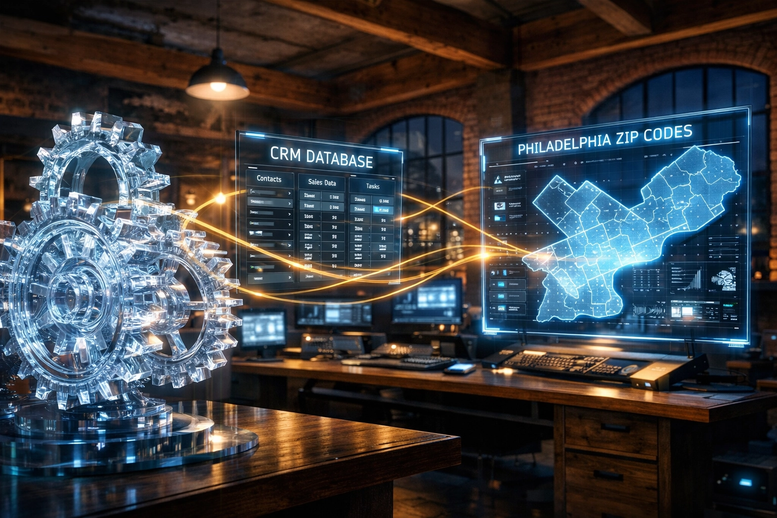 AI automation system connecting a CRM database to Philadelphia zip codes for business efficiency.