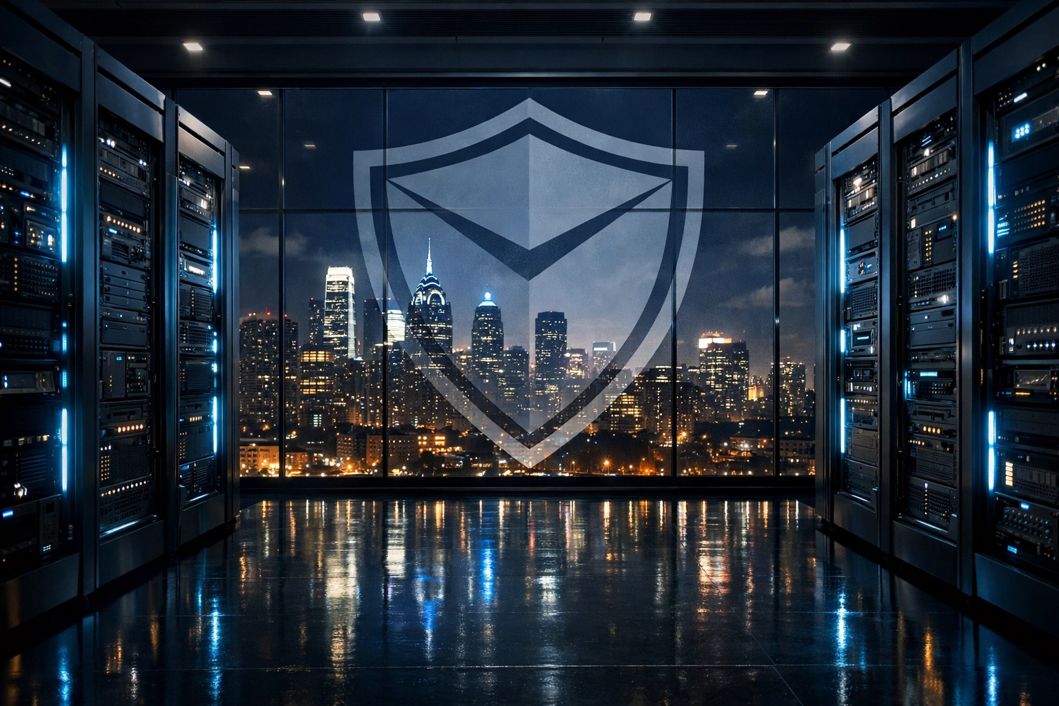 Secure server infrastructure with Philadelphia skyline, representing reliable hosting and website security