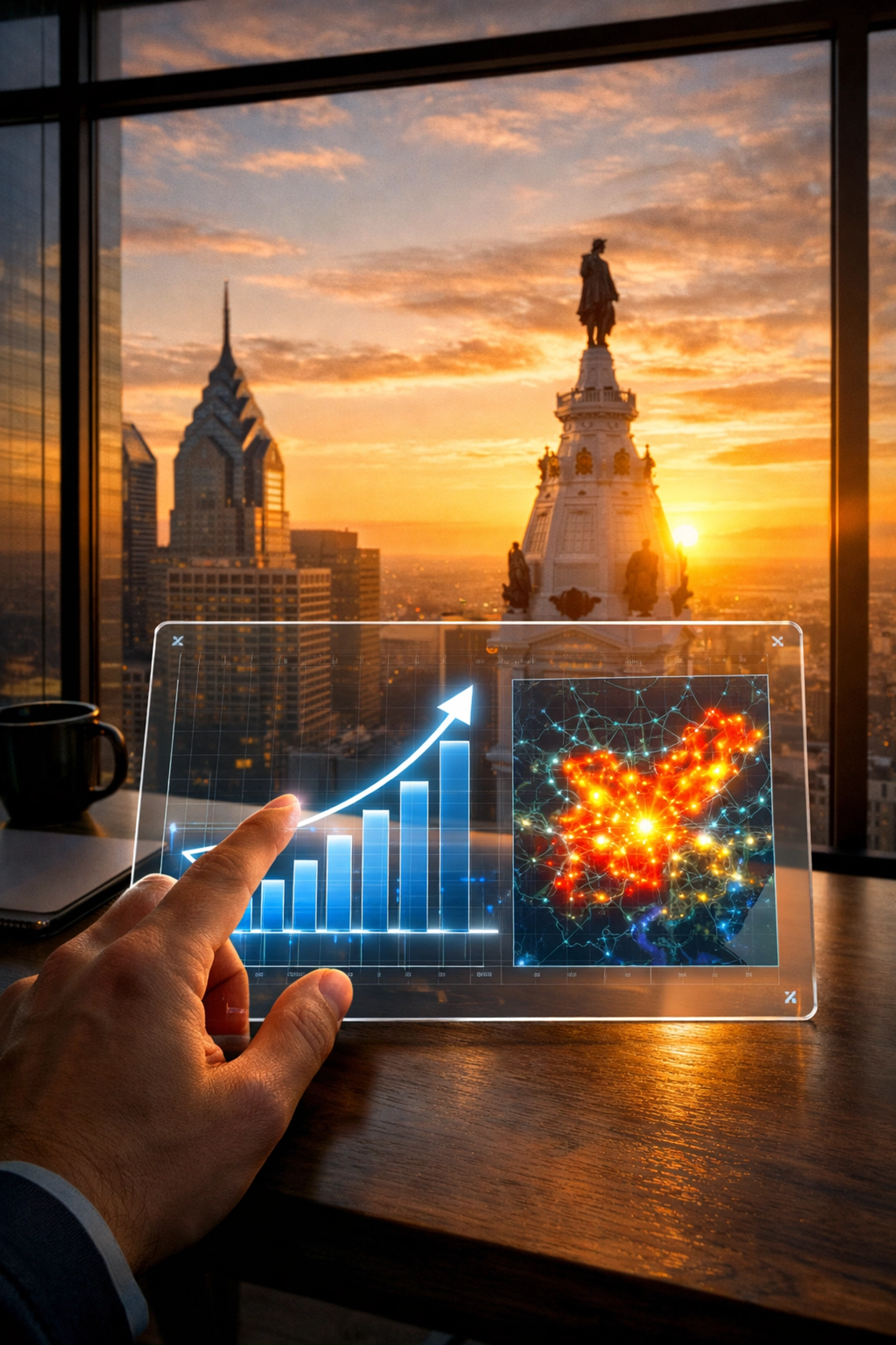 SEO growth chart and Philadelphia market heat map displayed in a modern office overlooking City Hall.