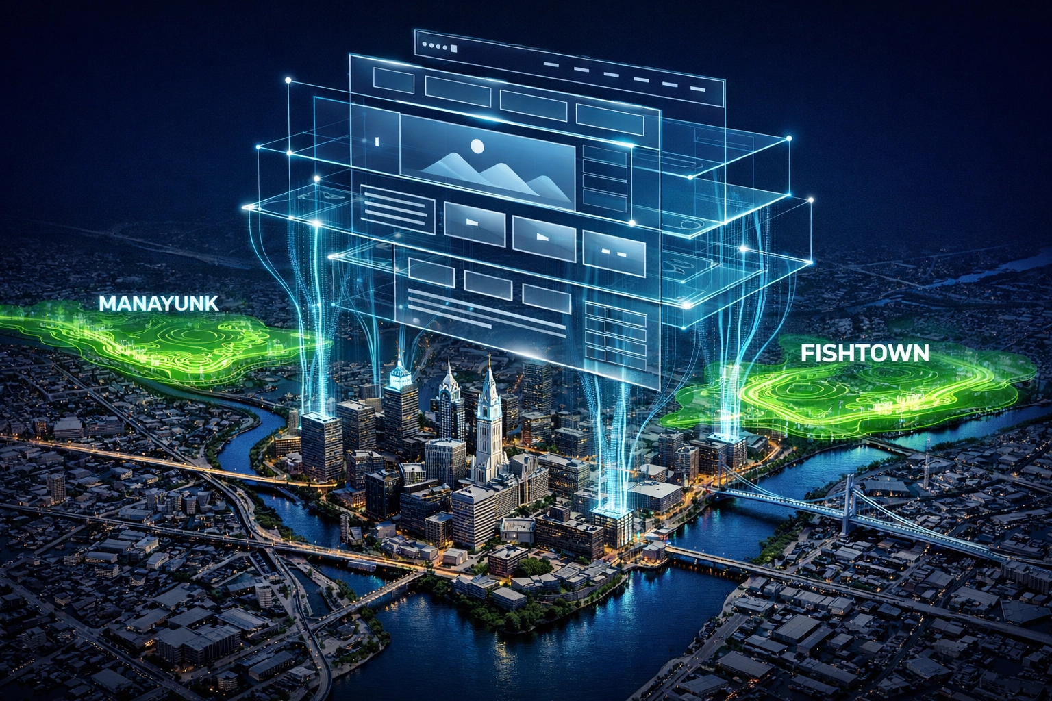 Digital map highlighting Philadelphia local SEO targets for optimized website architecture.