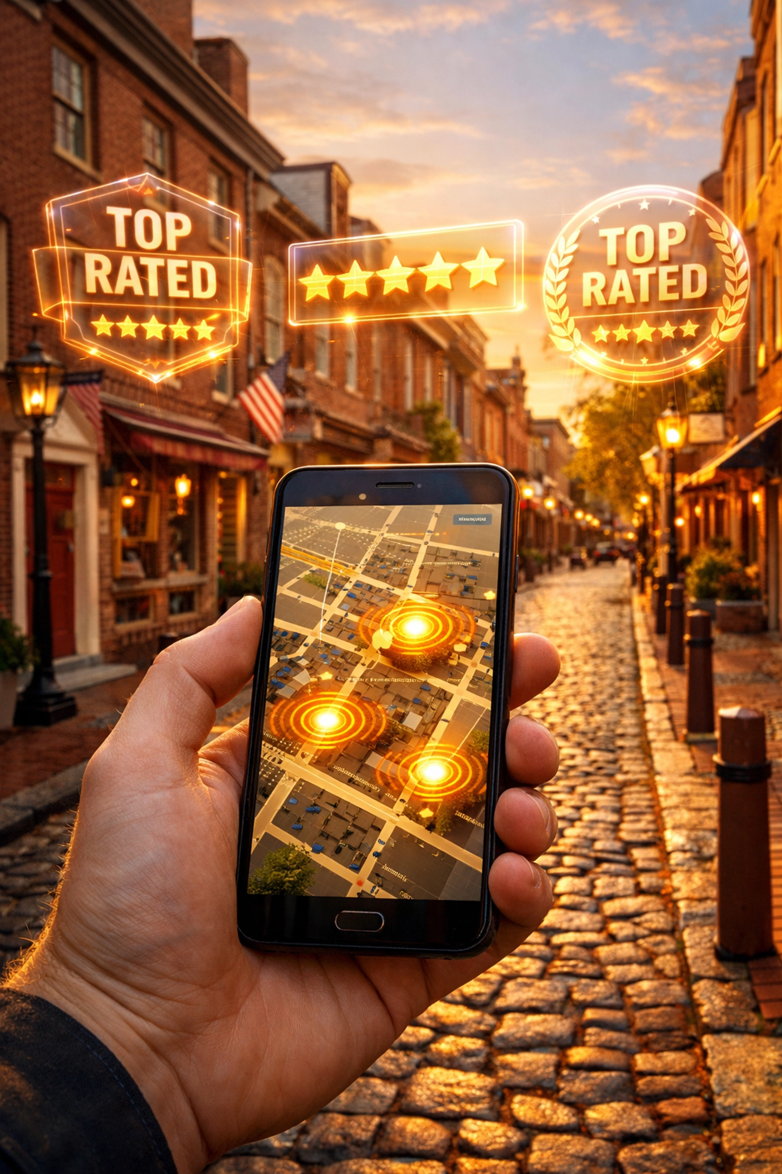 Person in Old City using a smartphone to find top-rated Philadelphia businesses via local SEO.