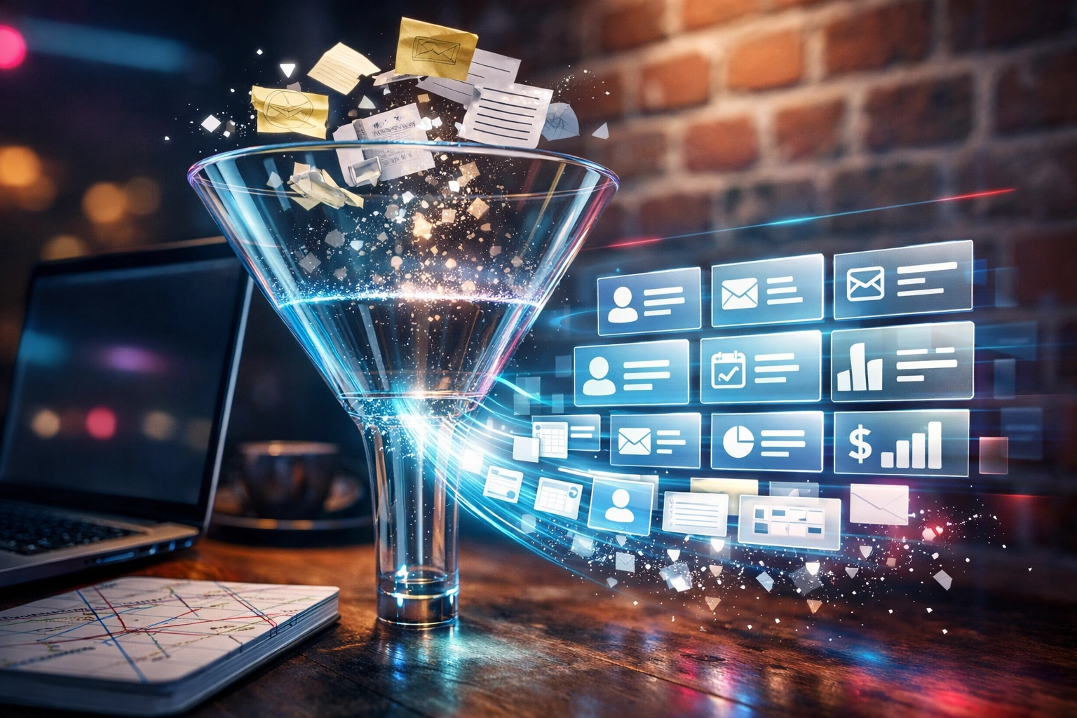 Digital funnel filtering messy contact form leads into clean, usable data for CRM automation.