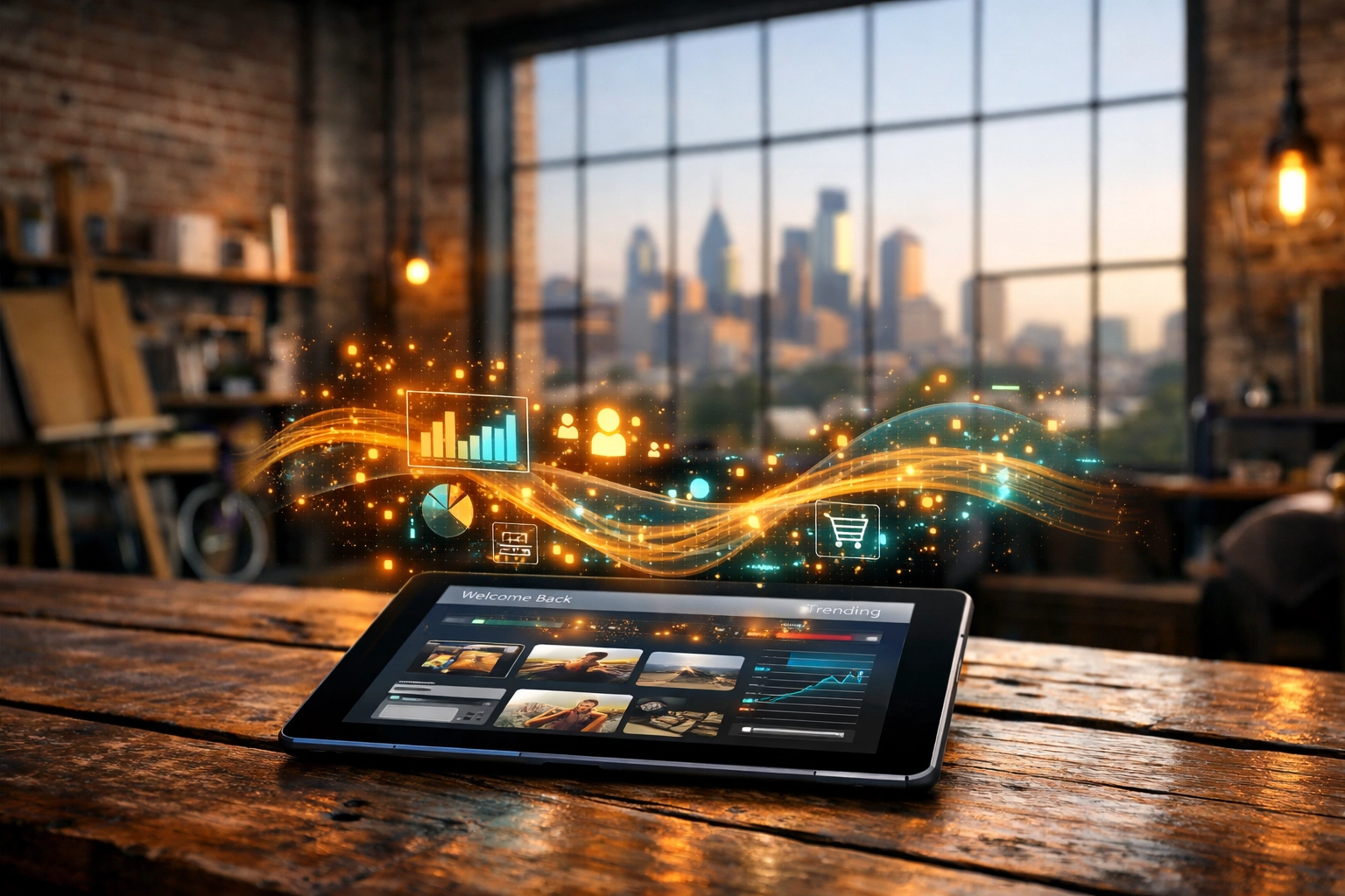 AI-driven personalized web design interface on a tablet in a Philadelphia creative studio.