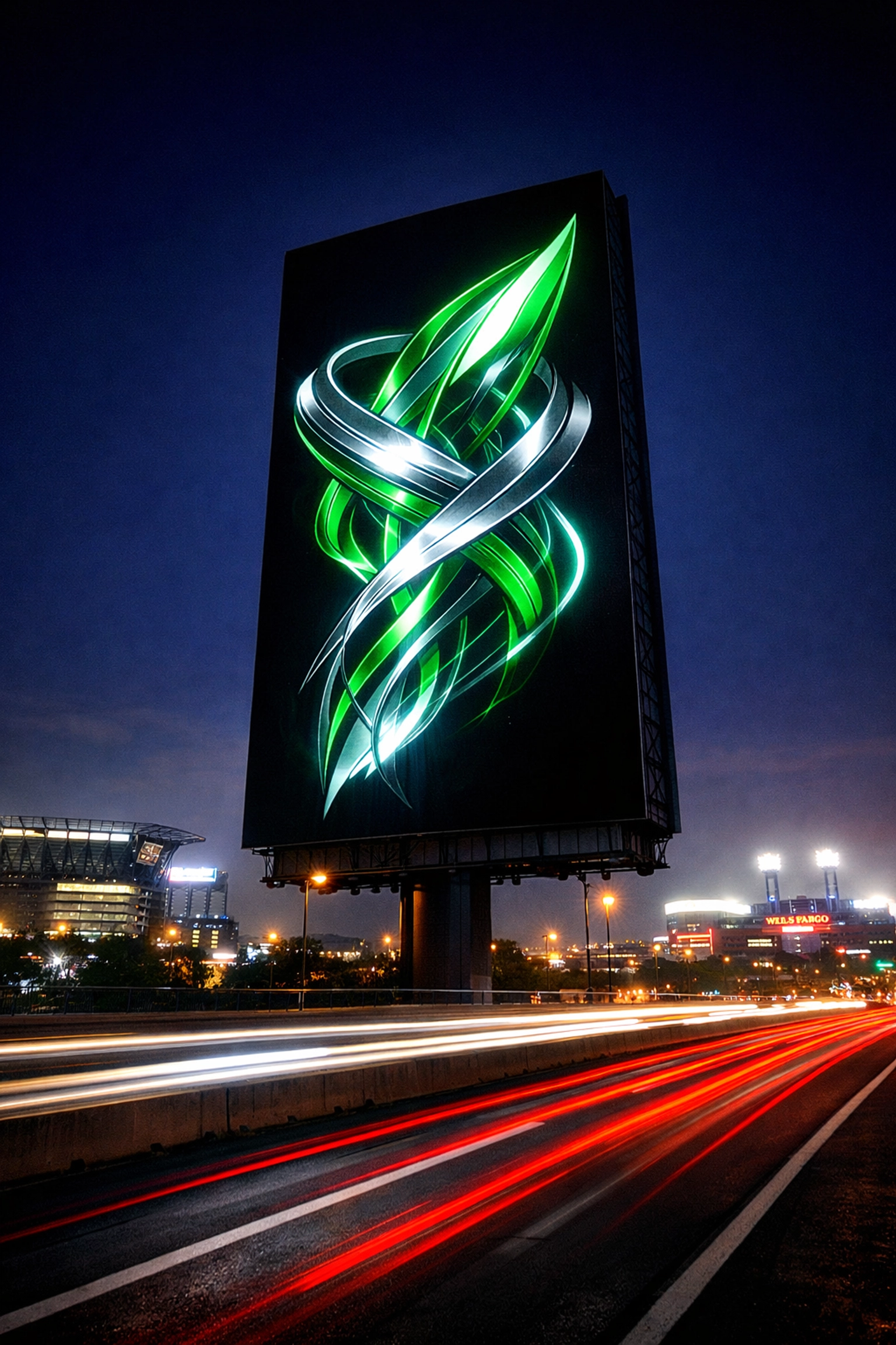 A bold AI-designed brand identity displayed on a monumental digital billboard in Philadelphia.