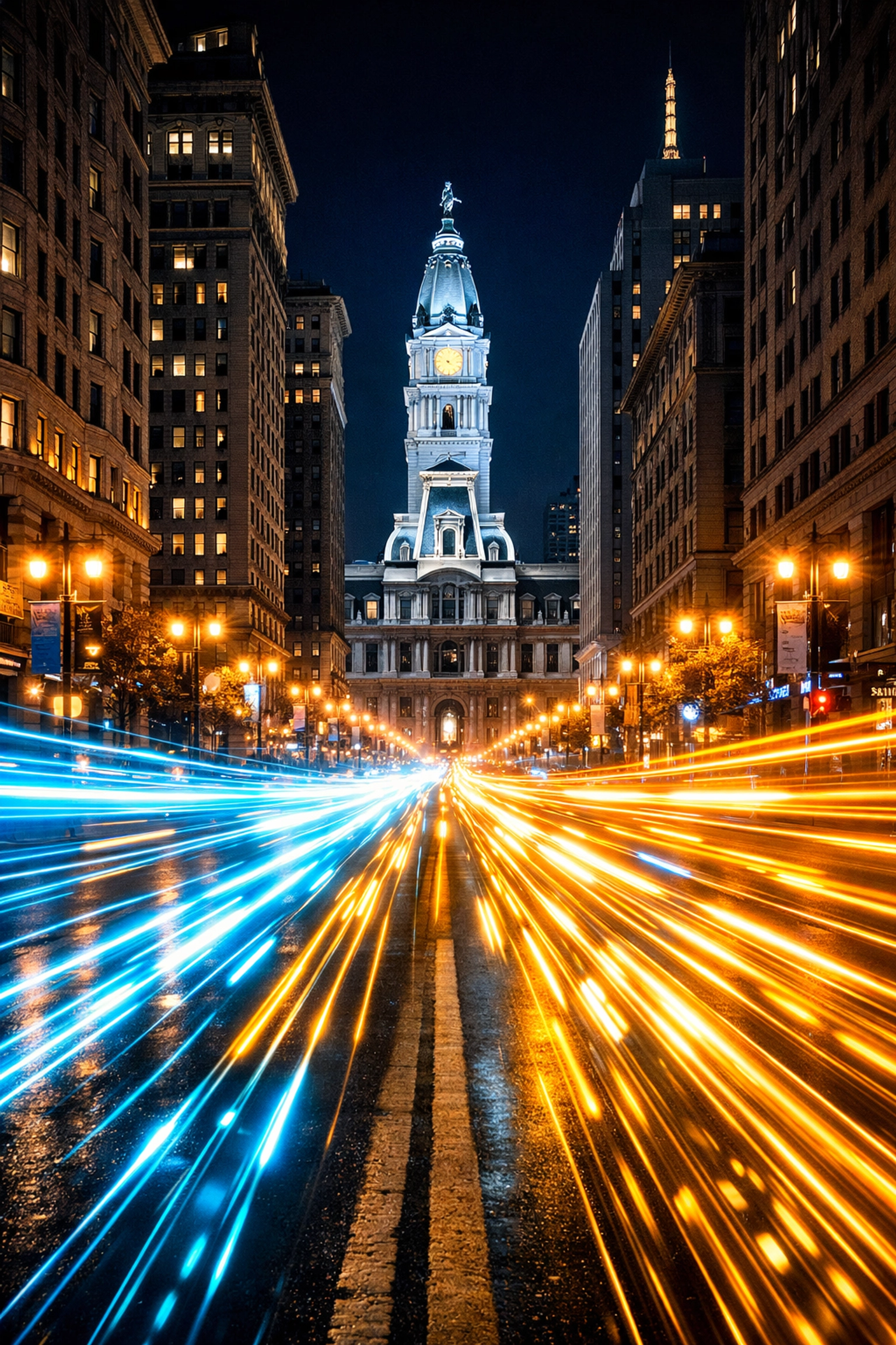 Fast web hosting and local SEO services speed visualized on Philadelphia's Broad Street.
