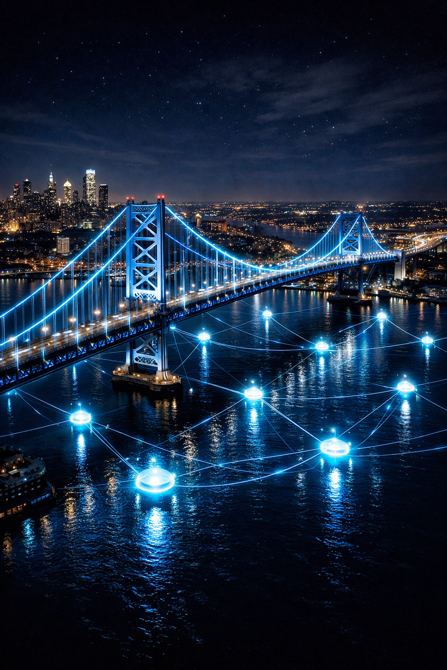 Ben Franklin Bridge at night with glowing connections representing a high-authority Philly backlink campaign.
