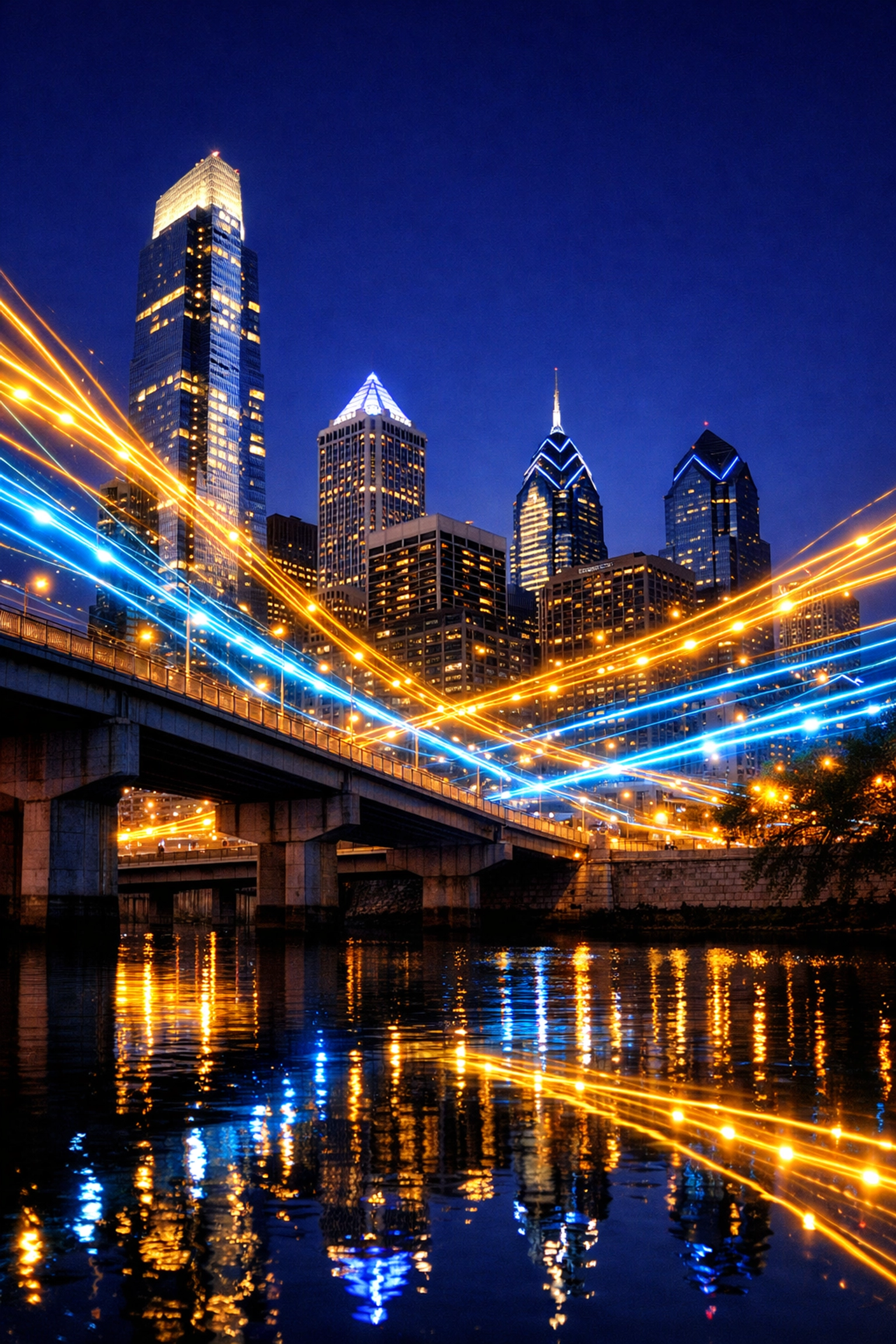 Philadelphia skyline at dusk with digital streams showing the web development foundation for local businesses.
