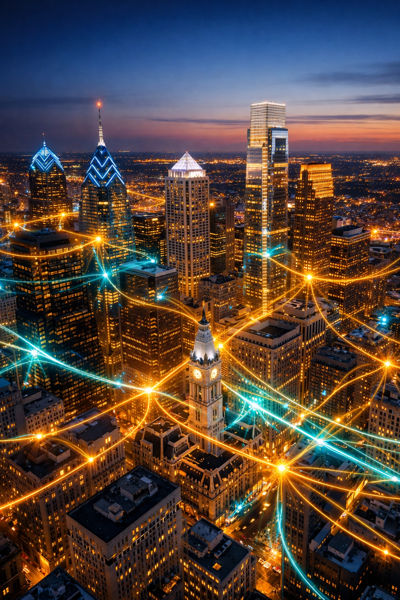 Philadelphia skyline at night with digital data streams representing AI search integrations for local businesses.